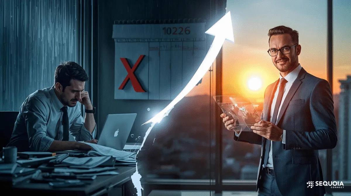 Split image contrasting an executive's stressed state in a dark 2025 office (unemployment) with their confident, successful state in a bright 2026 office (opportunity), connected by a visible growth arrow.