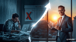 Imagen dividida que contrasta el estado estresado de un ejecutivo en una oficina oscura en 2025 (desempleo) con su estado seguro y exitoso en una oficina brillante en 2026 (oportunidad), conectado por una flecha de crecimiento.